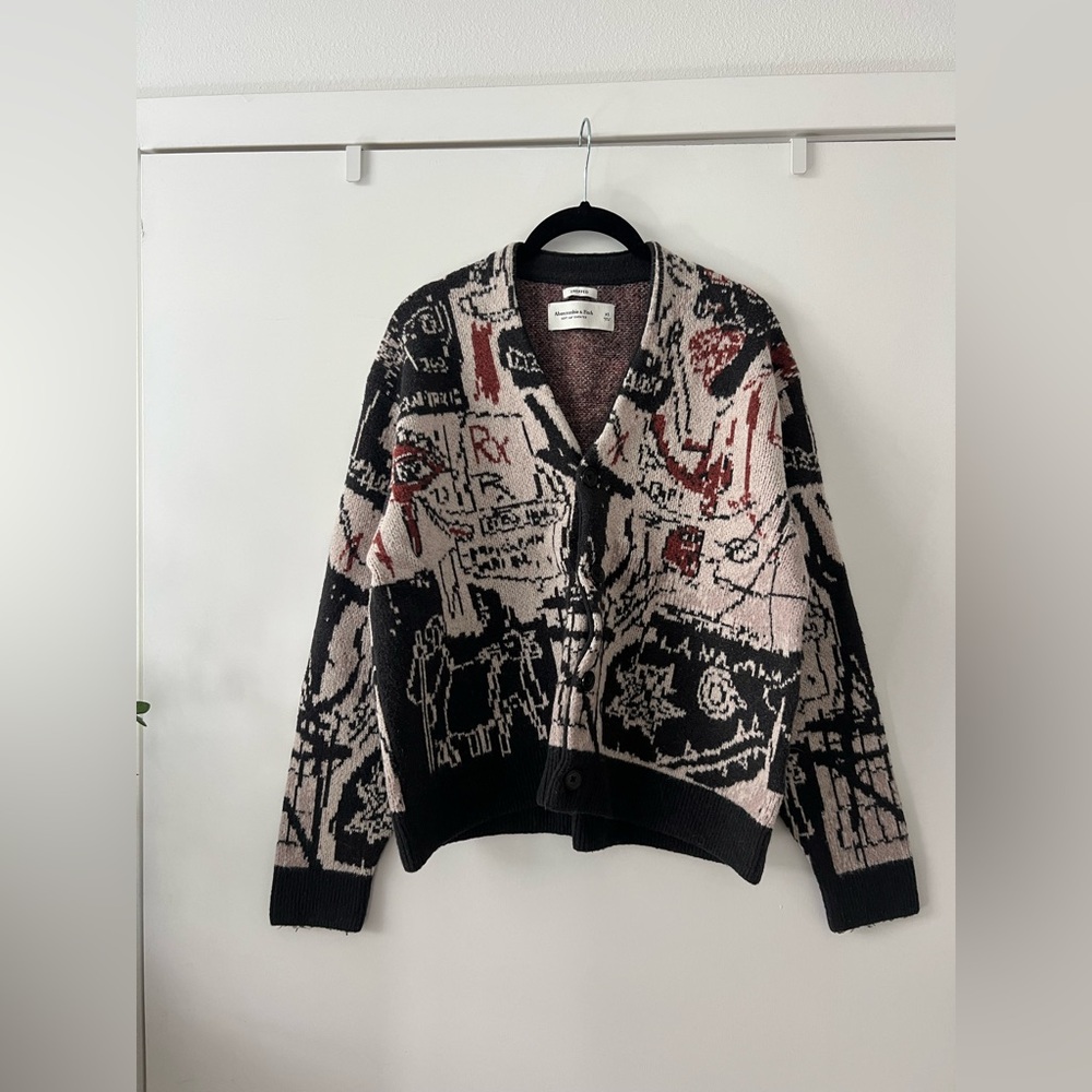 Abercrombie & Fitch Black and Burnt Orange Graphic Cardigan